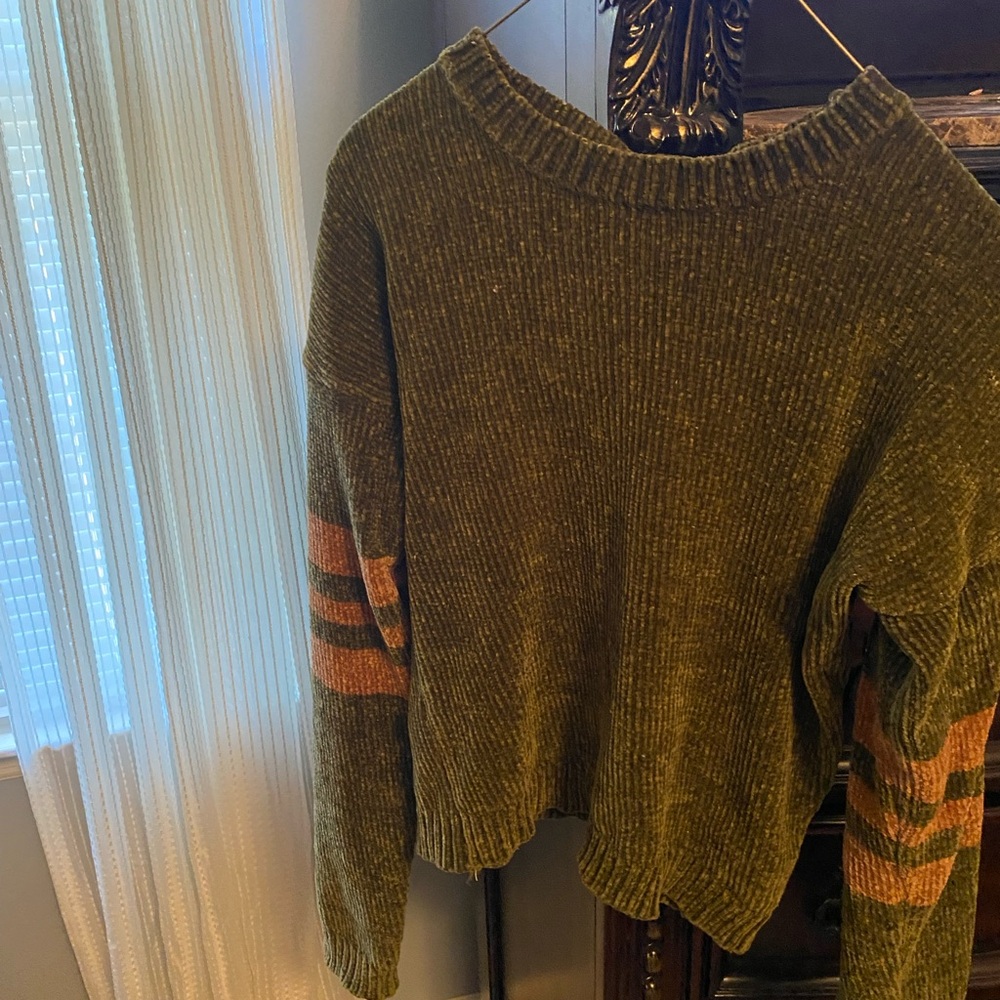 Olive Green Women's Sweater with Striped Sleeves